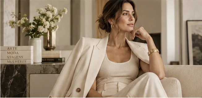 Mulher com alfaiataria clara em um ambiente elegante