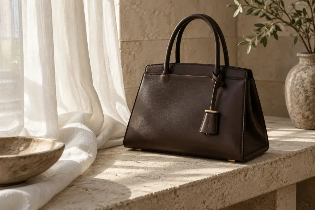 Bolsa conceitual sem marca em couro escuro sobre pedra clara