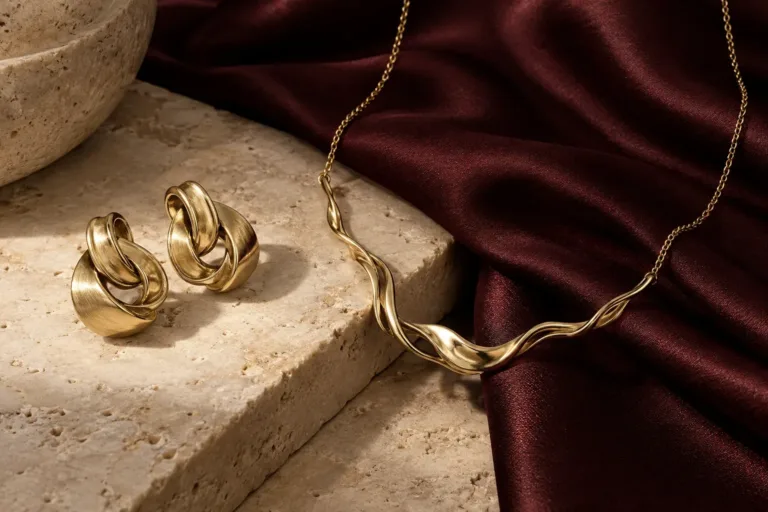 Joias conceituais em metal dourado sobre pedra clara e tecido vinho