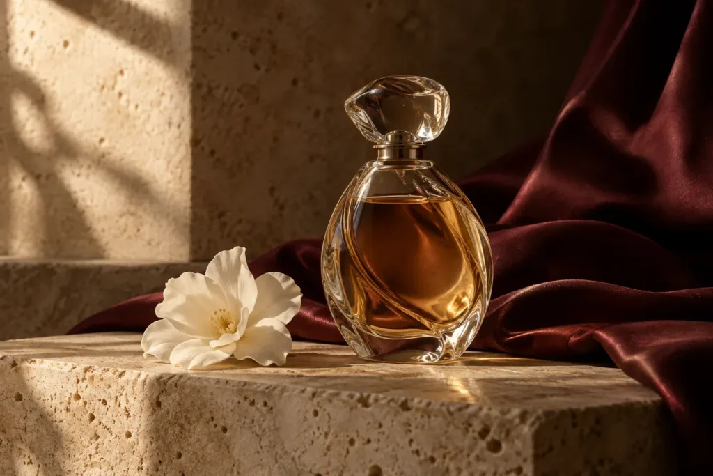 Frasco conceitual de perfume sobre pedra com flor branca e tecido vinho